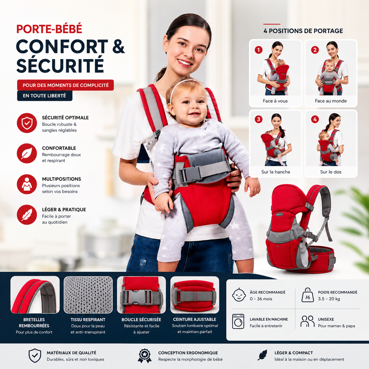 Porte-Bébé Ergonomique 4 Positions – Confort