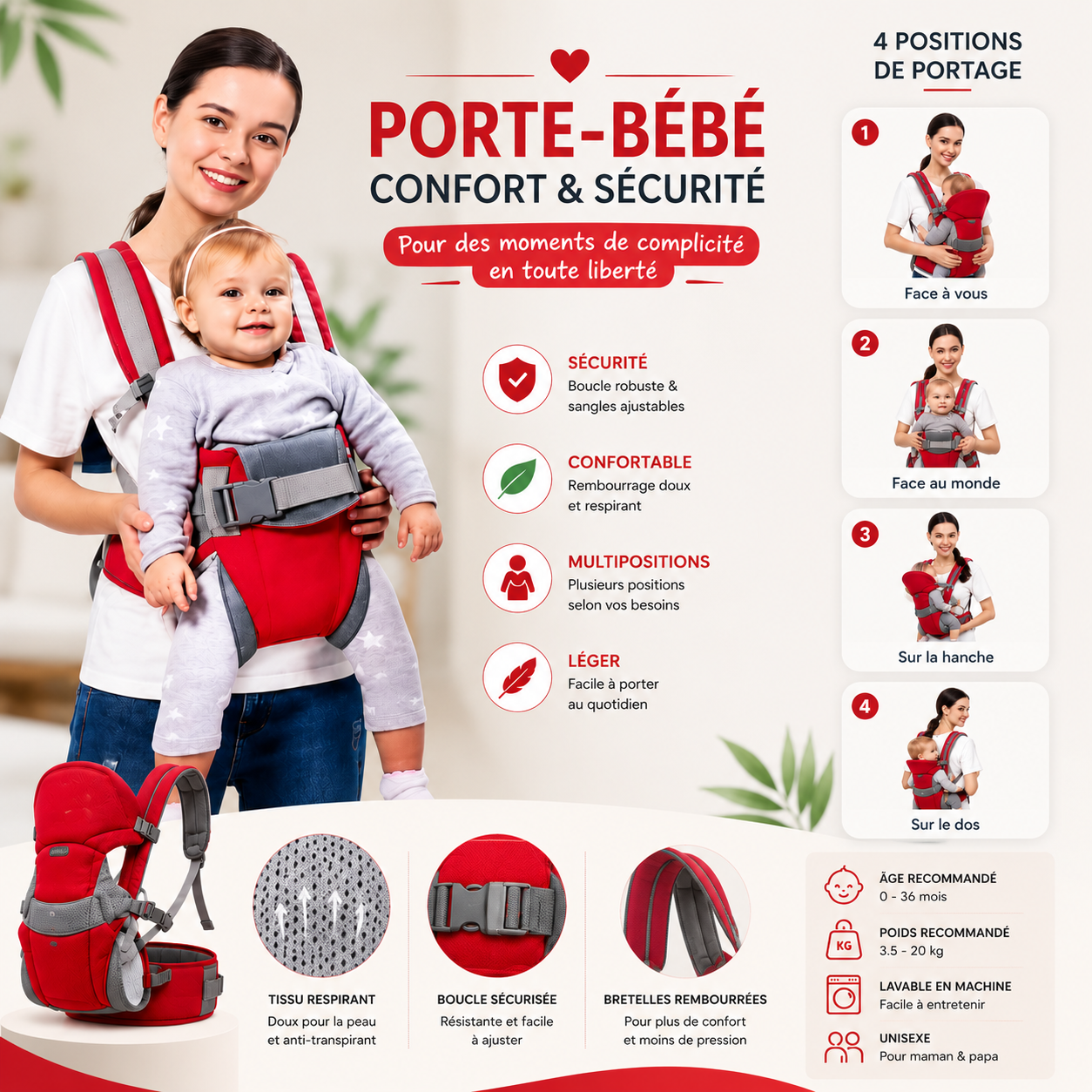 Porte-Bébé Ergonomique 4 Positions – Confort