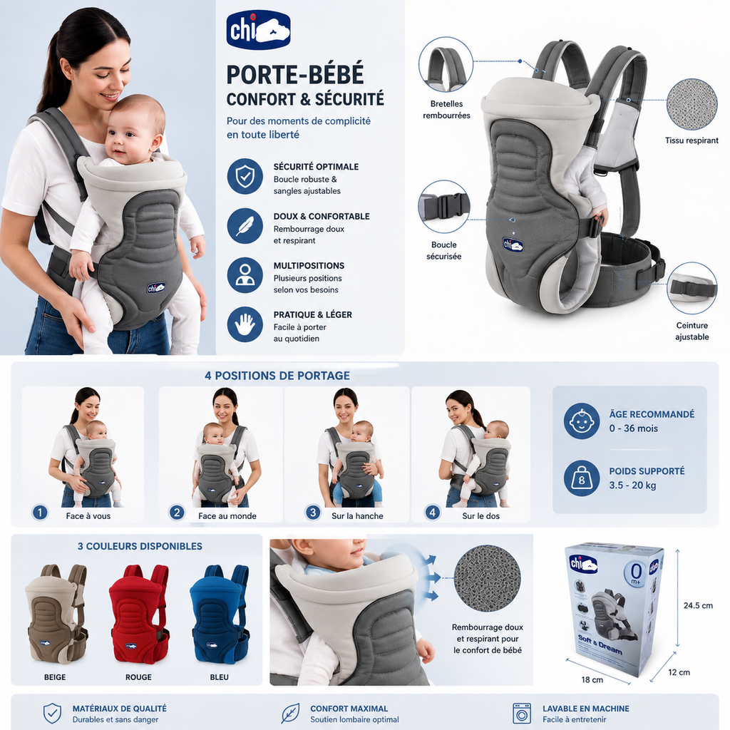 Porte-Bébé Ergonomique 4 Positions – Confort
