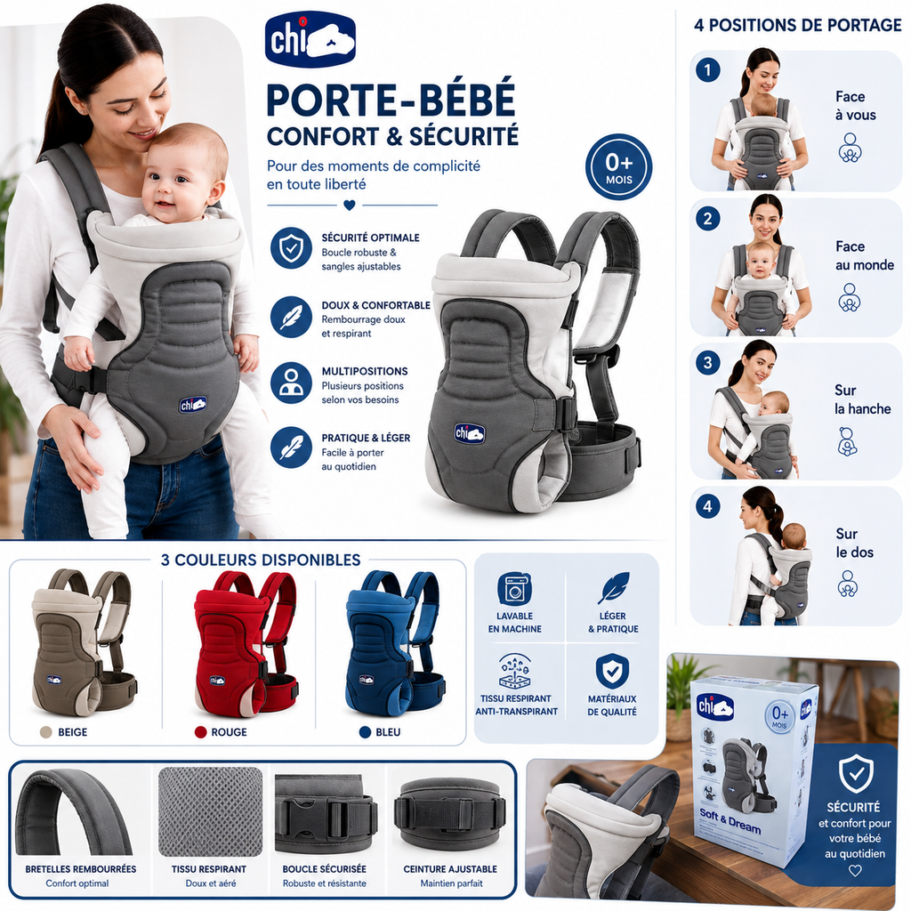 Porte-Bébé Ergonomique 4 Positions – Confort