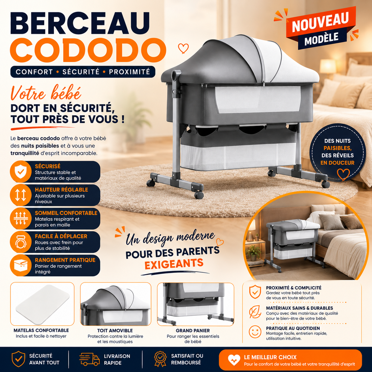 Berceau Bébé Multifonction Premium avec Moustiquaire