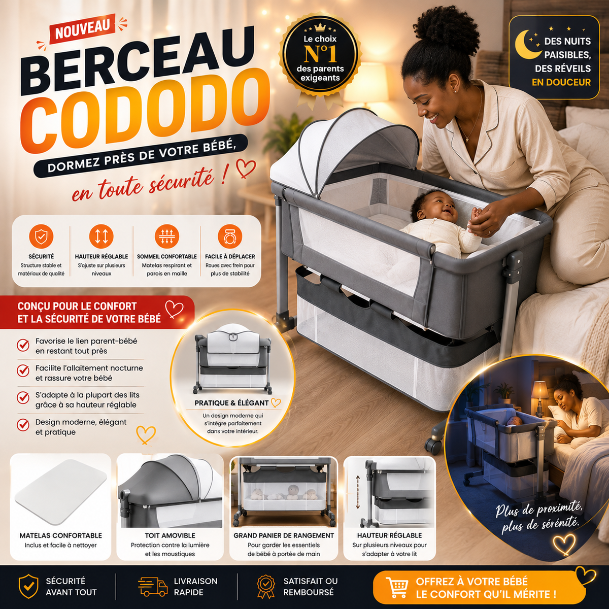 Berceau Bébé Multifonction Premium avec Moustiquaire