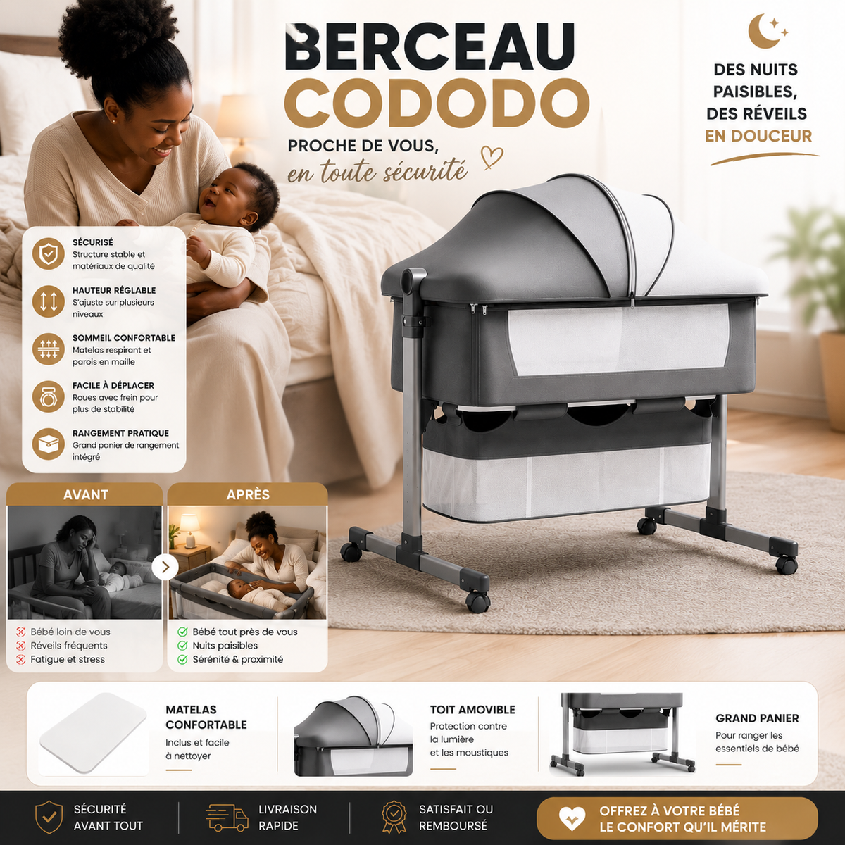 Berceau Bébé Multifonction Premium avec Moustiquaire
